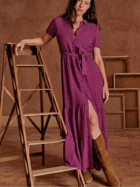 Sézane Dauphine Plum & Cream Polka Dot Short-Sleeve Maxi Dress Size FR 34/US 2